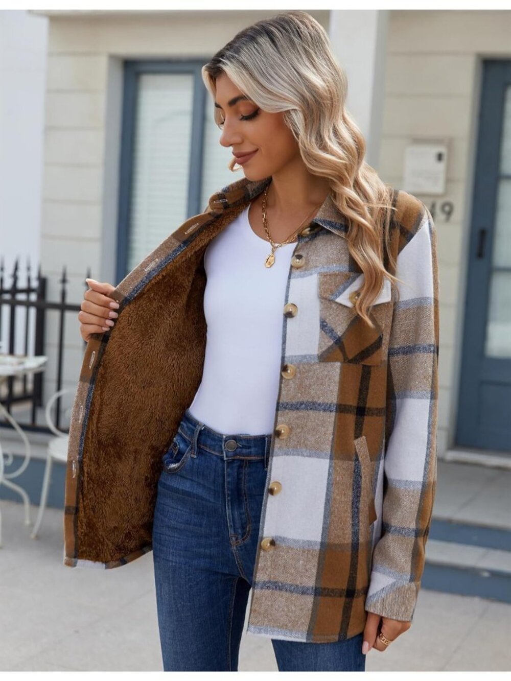 Women's Brown White Sherpa Fleece Lined Winter Plaid Flannel Jacket With pocket - Picture 2 of 6